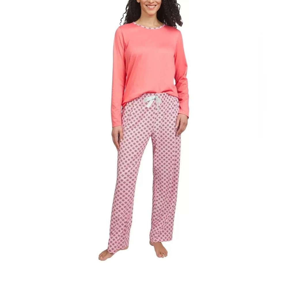 Lands' End Women's 2-Piece Knit Pajama Set Long Sleeve T-Shirt and Pants Pink S